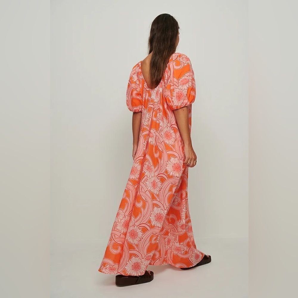 Mango Printed Cotton Dress Flowy Voluminous Maxi Puff Sleeves - Picture 2 of 6